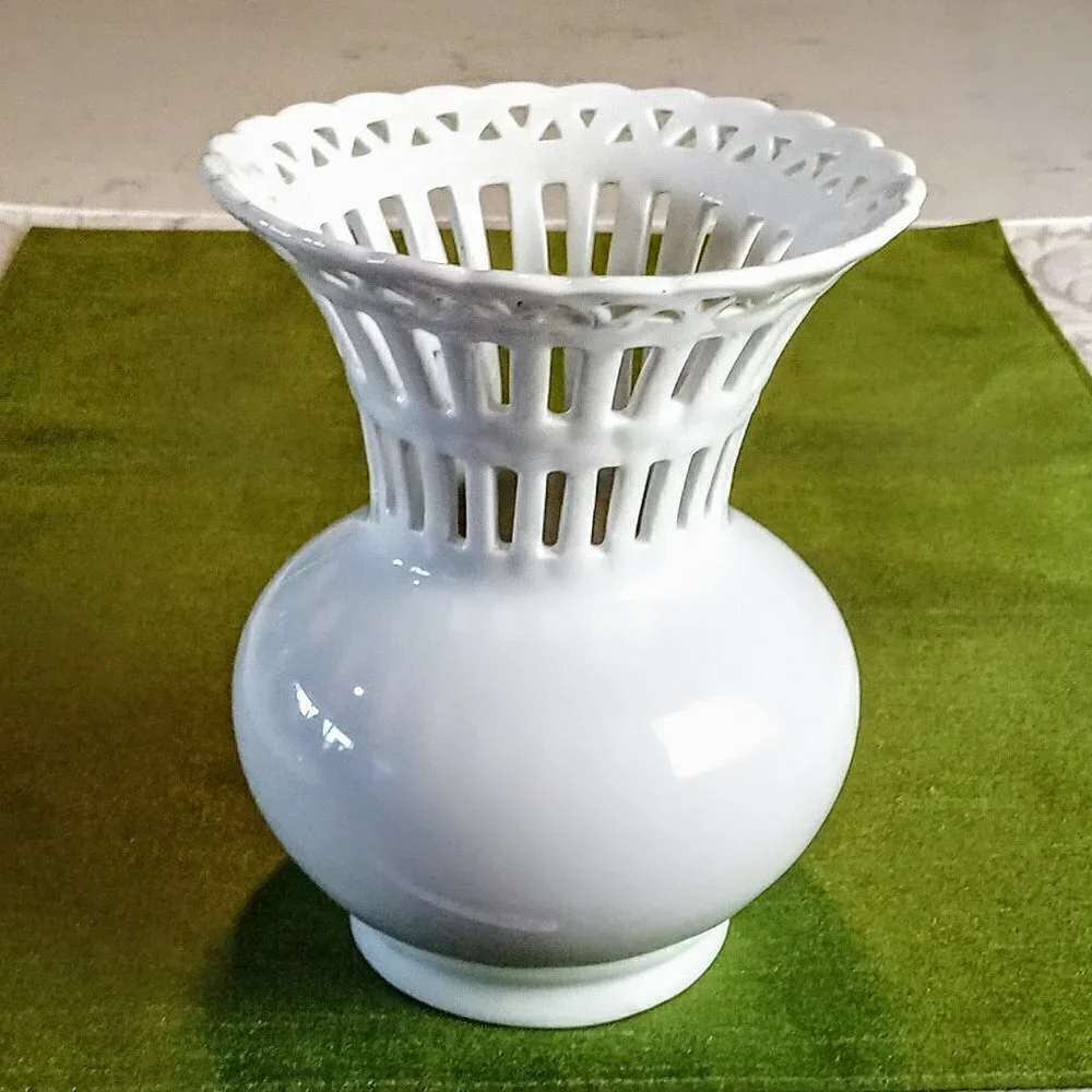 Glossy White Reticulated Fluted Ceramic Vase